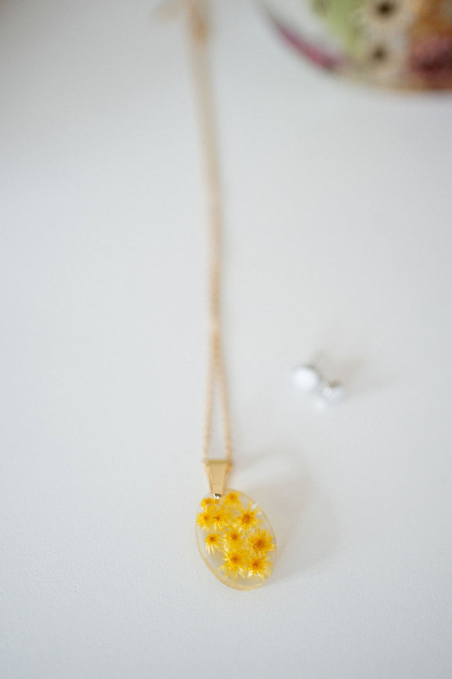 Necklace with yellow flower pendant on a white background