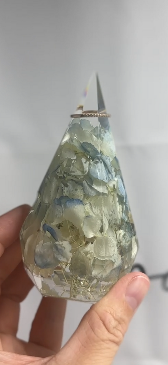 Preserved flowers in resin ring holder